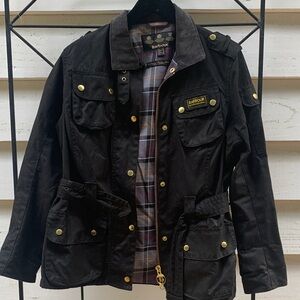Barbour Black Utility Jacket with Tartan Lining and Corduroy Collar